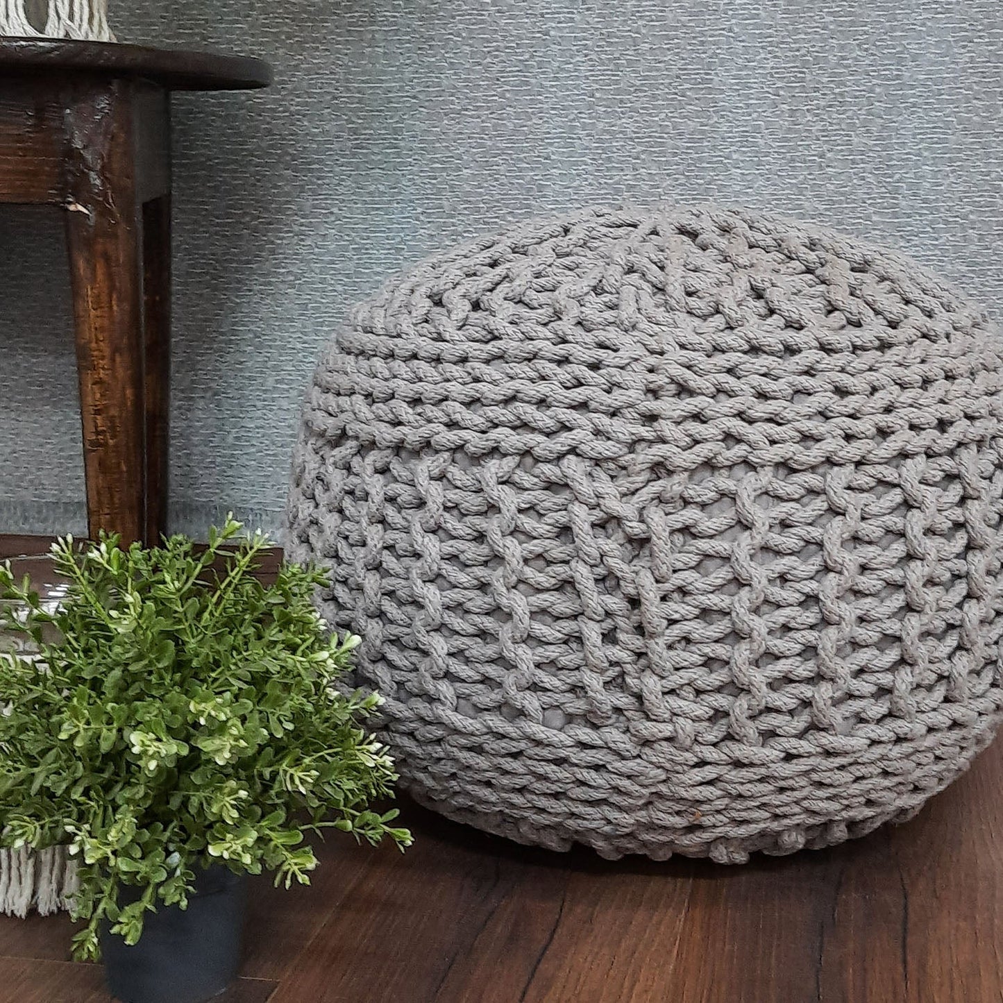BIGMO Luxury Hand Knotted Boho Look Pouf/ Ottoman Extra Large Size Silver Colour- 35cm x 50cm x 50cm