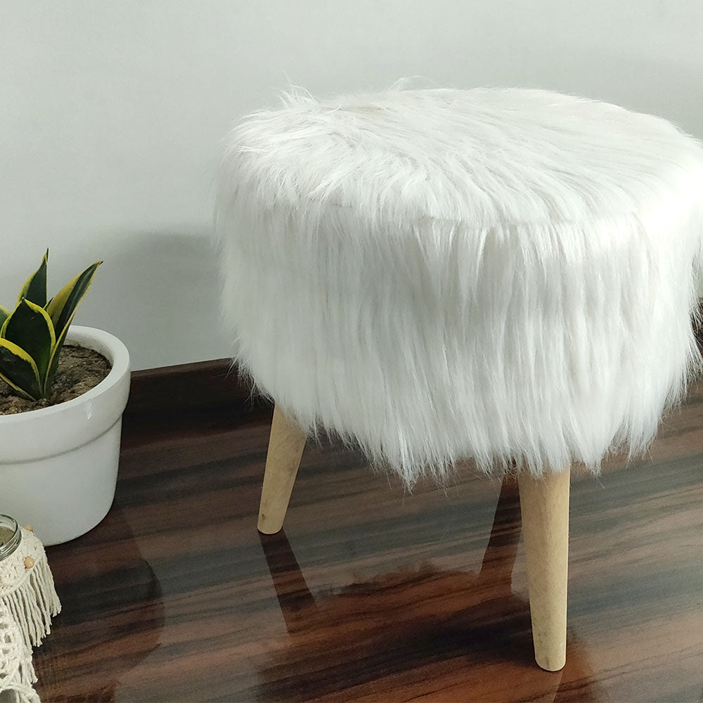 BIGMO Luxury Long White Fur Stool/ Ottoman (3 Legs-Natural Finish)-Length – 40cm, Width – 40cm, Height – 40cm