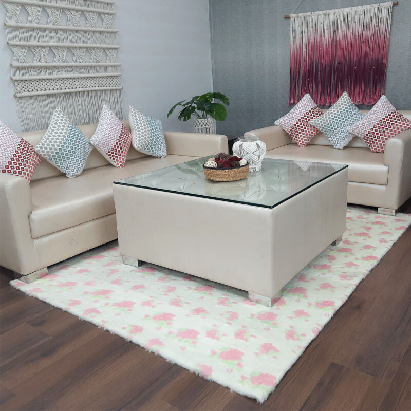 Soft Shaggy Premium Super Soft Luxury Rugs Faux Fur – Flowers on White Fur – Avioni Carpets