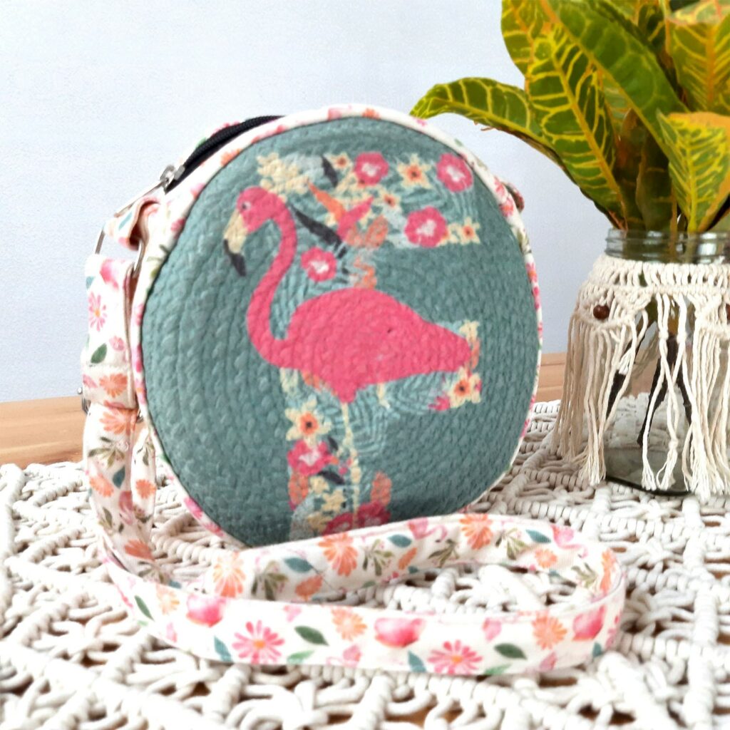 Premium Sling Bag for Women, Avioni Fashion Shoulder Bag, Bohemian Style-Flamingo , Braided Sides Round Sling Bag, Perfect For Gifts and Traveling-25 cms Diameter
