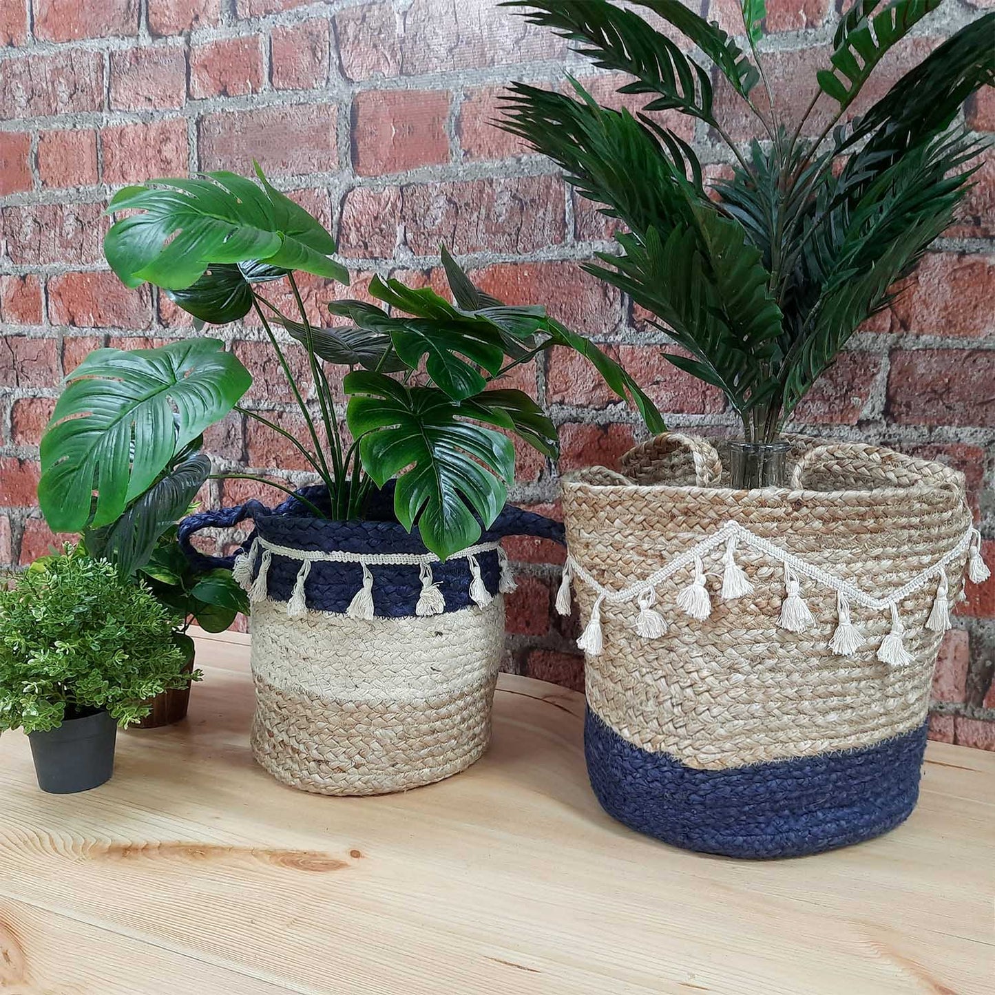 Avioni Home- Hand Braided Natural Jute Baskets With Blue And Whie Hand Decorated with Fringes Large Size- 10×10 inch (25×25 cms)