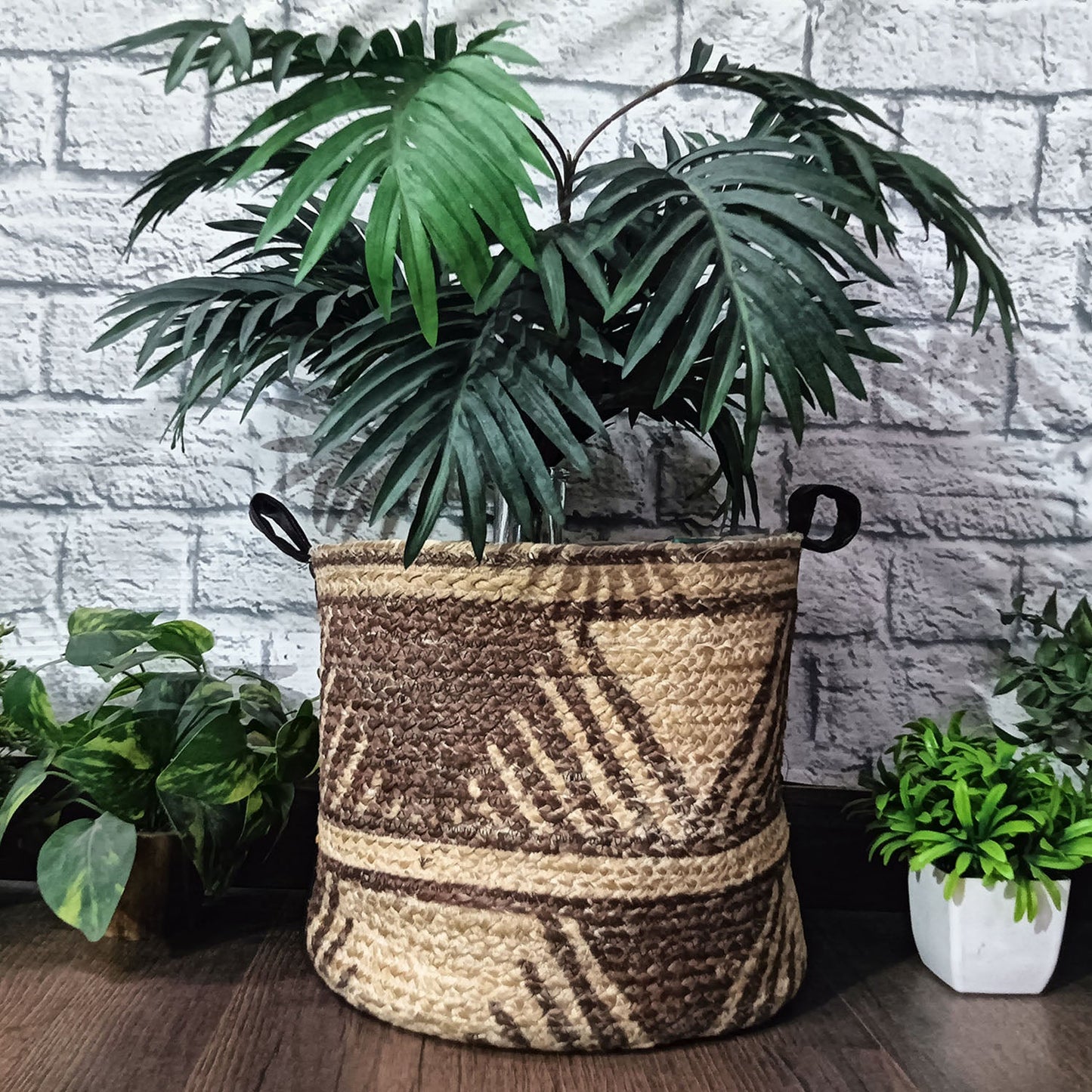 Avioni Home Hand Braided Dark Ethnic Pattern Jute Basket | Designer Leatherette Handles | Canvas Inner for Extra Strength | Size: 28 x30 cms (~11×12 inch)