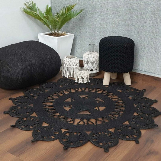 Avioni Home Contemporary Collection – Eco-friendly Black Dyed Natural Jute Handmade Braided Area Rug –Beautiful Temple Design