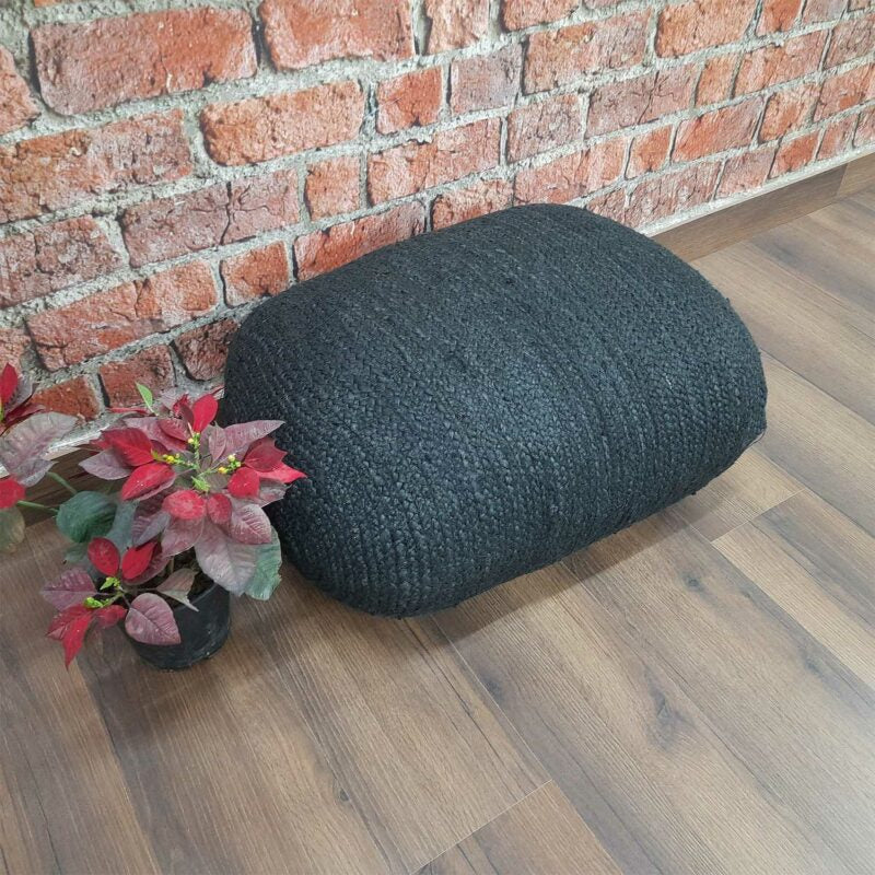 Avioni Home BigMo Collection – Boho Style Large Natural Jute Black Dyed Pouf / Ottoman- -45 cm x 65 cm x 30 cm