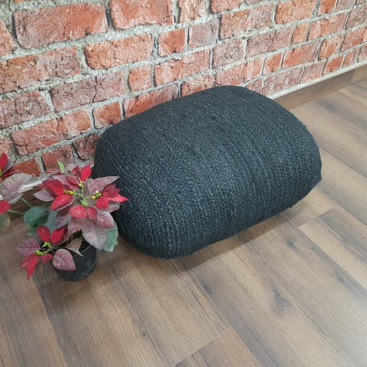 Avioni Home BigMo Collection – Boho Style Large Natural Jute Black Dyed Pouf / Ottoman- -45 cm x 65 cm x 30 cm