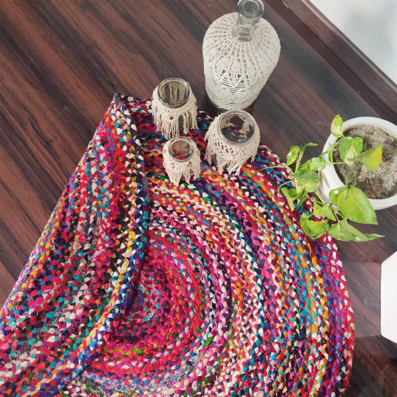 Rag Rug in Colorful Chindi – Braided – Contemporary Colorful Design – Reversible -105 cm (~3.5 feet) Round – Avioni Premium Eco Collection – Best Seller00