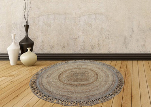 Jute Mat – Natural Rugs – Braided Area Rug – Wave Border- Handmade & Unbleached – 130 cm Round- Avioni Premium Eco Collection