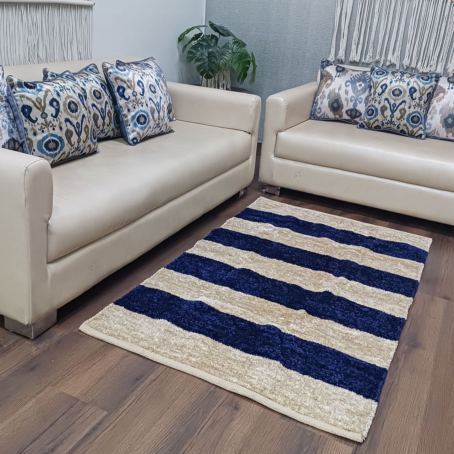 Avioni Handloom Rugs | Master Artisans Work | Feather like Luxurious Silk Soft Touch | Home Washable | Blue and White Broad stripes | Reversible-90cm x 150cm (~3Feet x 5Feet)