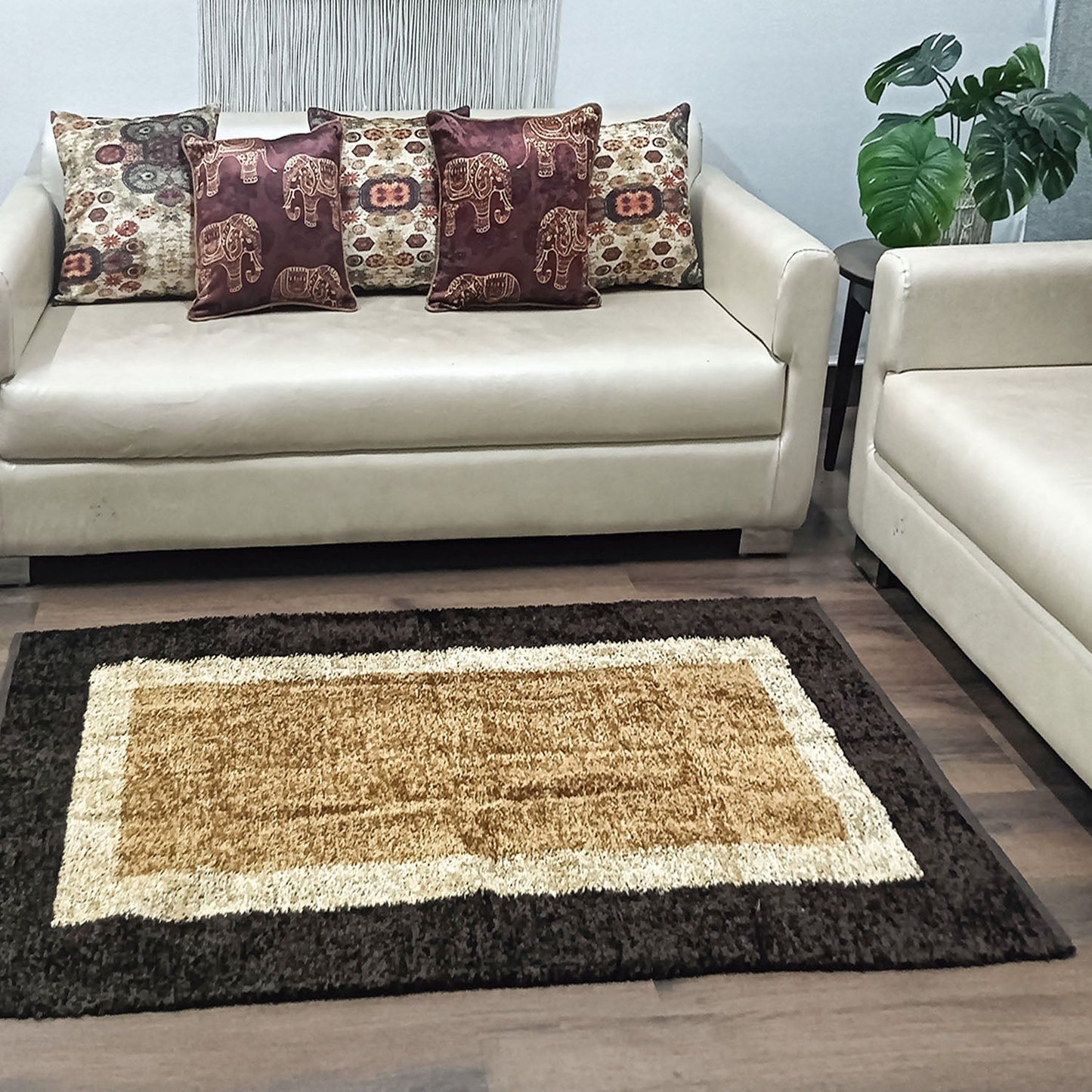 Avioni Handloom Cut Shuttle Rugs by Master Artisans | Feathers like Luxurious Silk Soft Touch  | Home Washable | Double Border in Coffee And Beige | For Living Room Made Reversible - 90cm x 150cm (~3feet x 5feet)