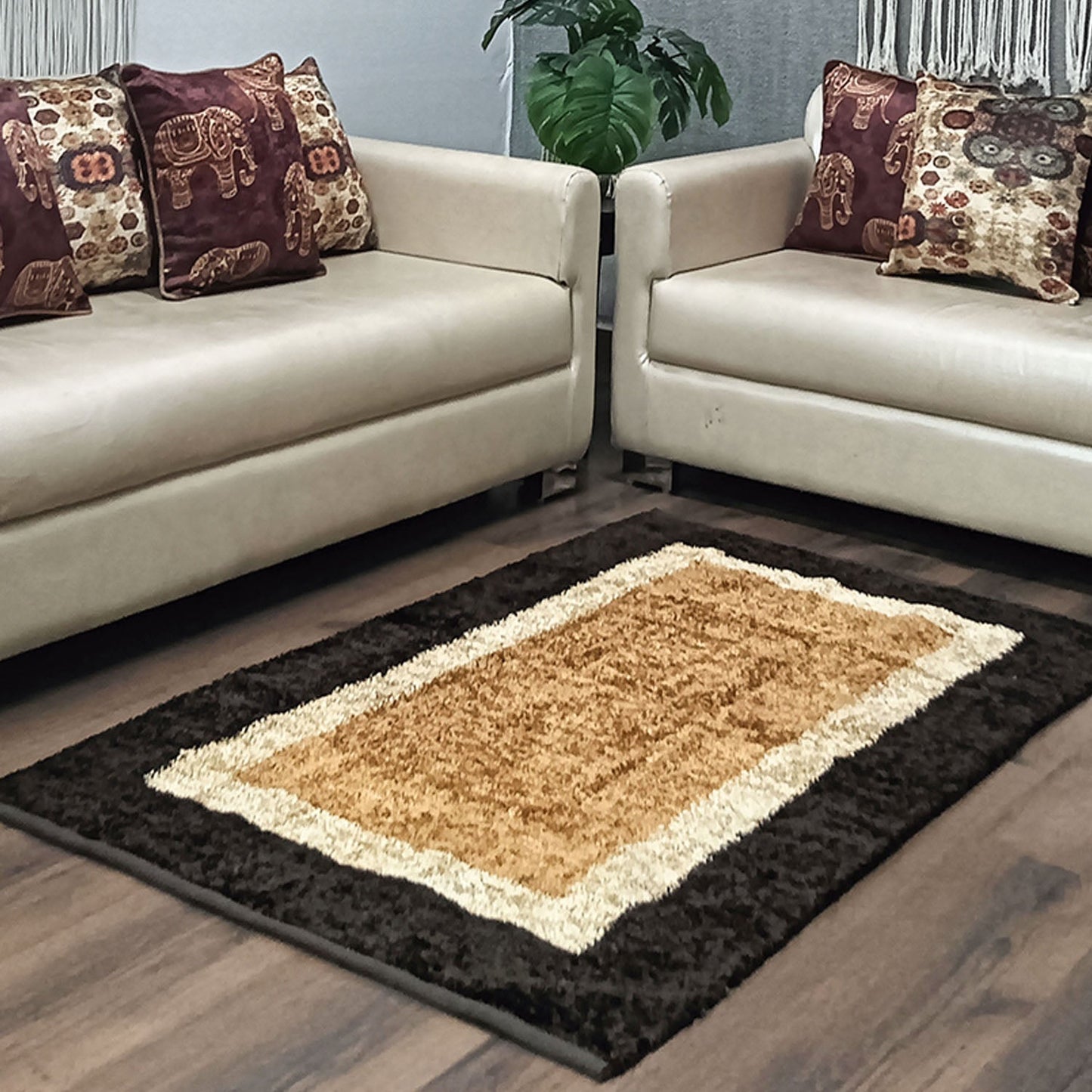 Avioni Handloom Cut Shuttle Rugs by Master Artisans | Feathers like Luxurious Silk Soft Touch  | Home Washable | Double Border in Coffee And Beige | For Living Room Made Reversible - 90cm x 150cm (~3feet x 5feet)