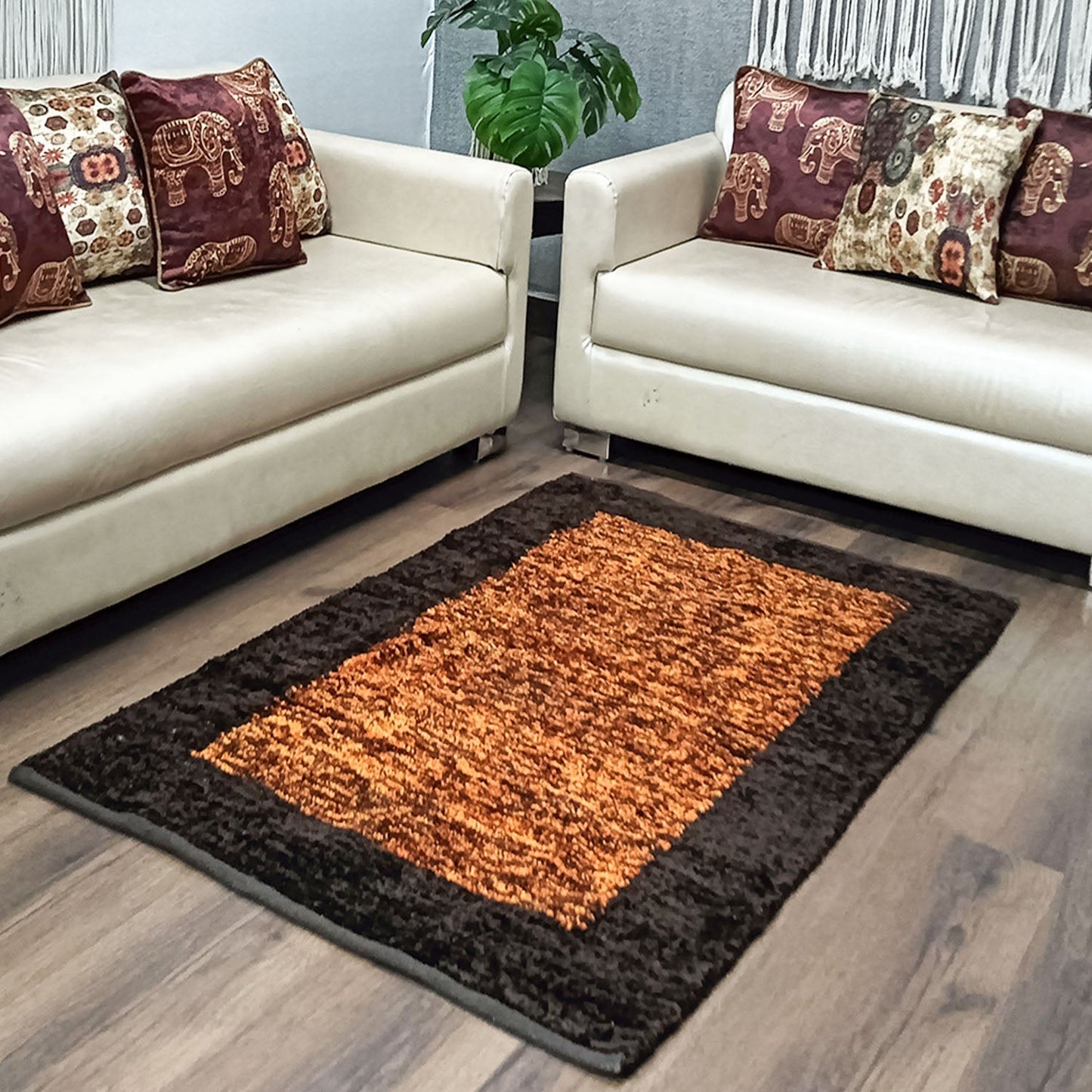 Avioni Handloom Cut Shuttle Rugs | Master Artisans Work | Feather like Luxurious Silk Soft Touch | Home Washable | Coffee and Gold Yellow | Reversible-90cm x 150cm (~3Feet x 5Feet)