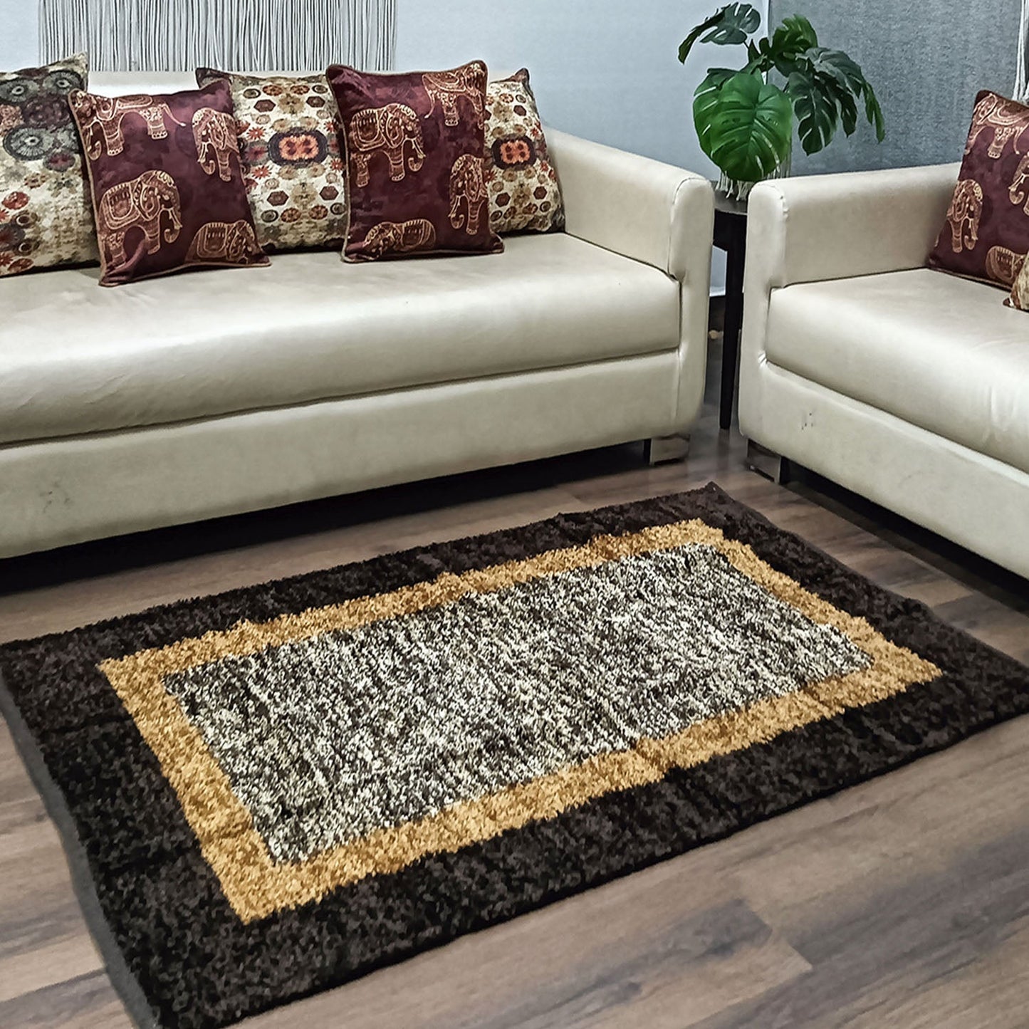 Avioni Handloom Cut Shuttle Rugs | Master Artisans Work | Feather like Luxurious Silk Soft Touch | Home Washable | Coffee, Gold Beige and White | Reversible - 90cm x 150cm (~3Feet x 5Feet)