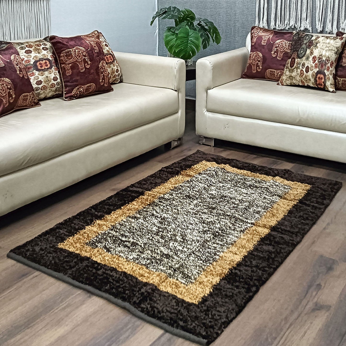 Avioni Handloom Cut Shuttle Rugs | Master Artisans Work | Feather like Luxurious Silk Soft Touch | Home Washable | Coffee, Gold Beige and White | Reversible - 90cm x 150cm (~3Feet x 5Feet)