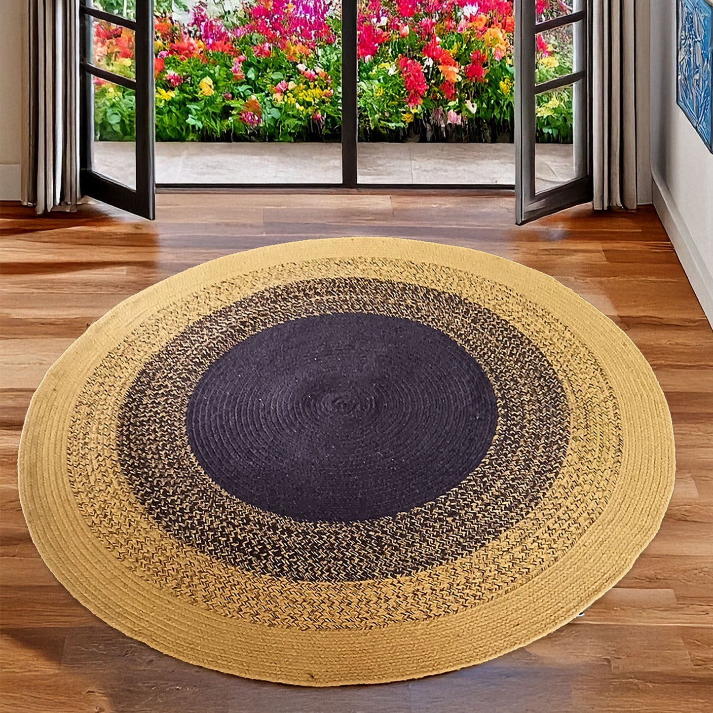 Avioni Cotton Braided Sunflower Look Area Rug 140CMS (Diameter) round, “Nature Collection” Specially designed for festive season, Handmade by Skilled Artisan, Cotton Rich Vibrant Colors Yarn, Thick ribbed construction, Reversible
