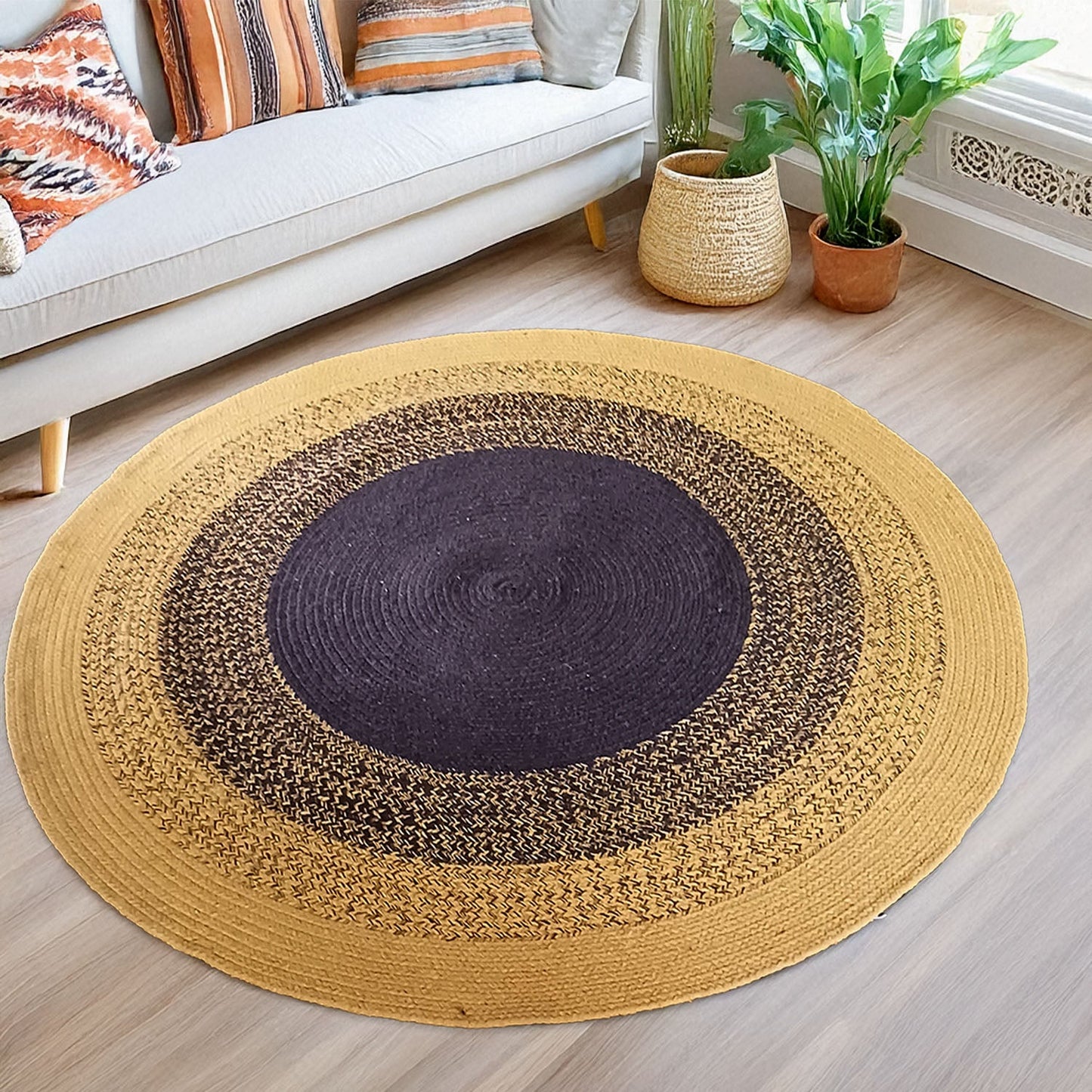 Avioni Cotton Braided Sunflower Look Area Rug 140CMS (Diameter) round, “Nature Collection” Specially designed for festive season, Handmade by Skilled Artisan, Cotton Rich Vibrant Colors Yarn, Thick ribbed construction, Reversible