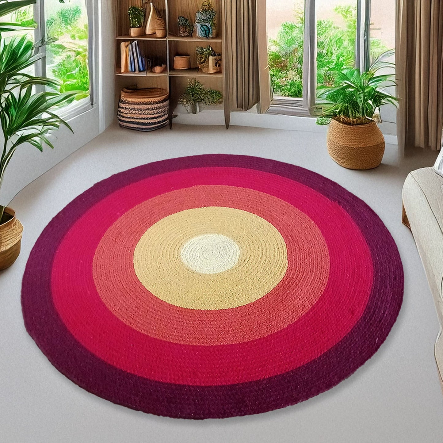 Avioni Cotton Braided Rising Sun Area Rug ; 120CMS (Diameter) round rug “Nature Collection” Specially designed for festive season, Handmade by Skilled Artisan, Cotton Rich Vibrant