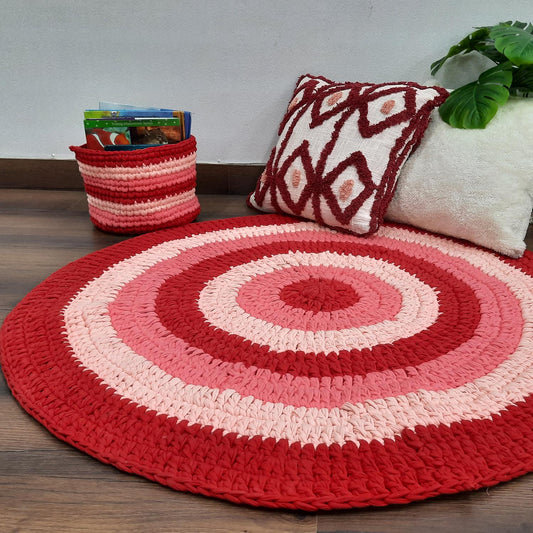 Avioni “PinkRings” hand-crocheted carpet with matching FREE basket – perfect for a kids room or gifting-105 cm diameter