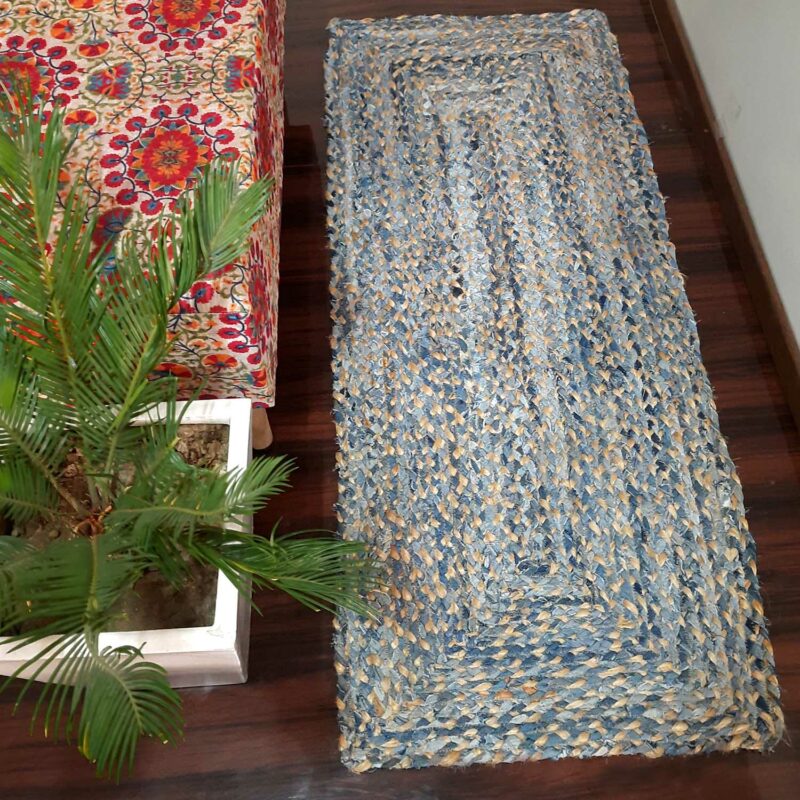 Braided Rug in Ecofriendly Recycled Denim And Jute – Colorful Contemporary Design – Perfect for Hallway or Bedside – 55cm x 137cm (~22″ x 55″) – Avioni