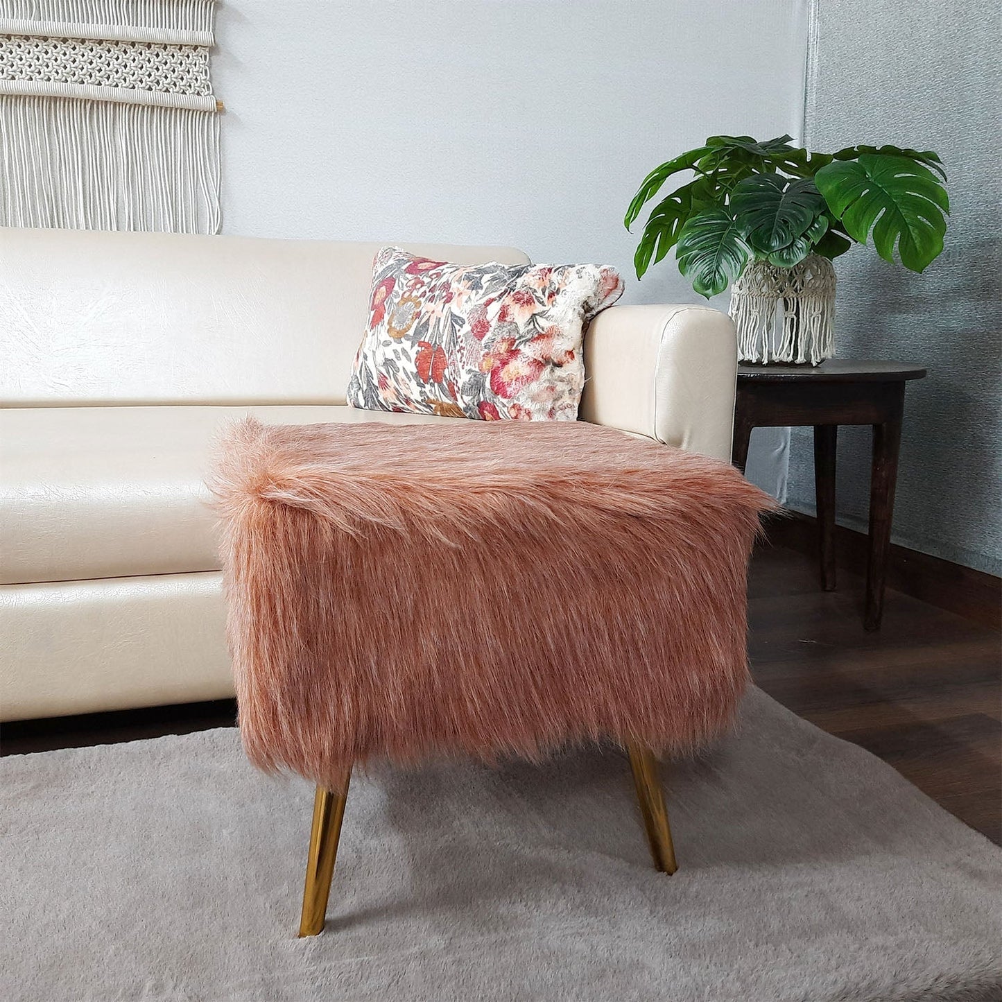 Noviato Collection – Light Redwood Premium Double Shade Faux Fur Footstool Gold Metal Legs Modern On-Trend Style Square Multi-Functional Ottoman Stool Seat, 40cm x 40cm x 40 cm | from Avioni