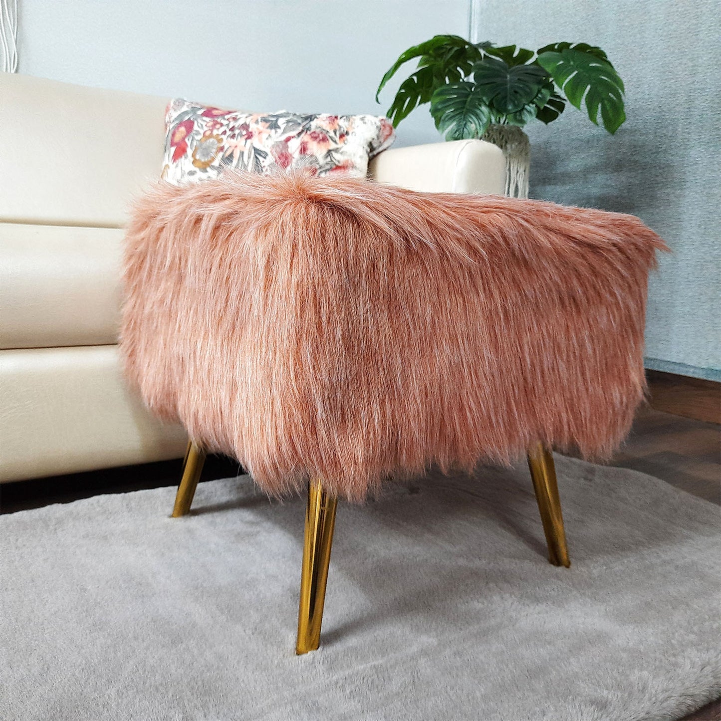 Noviato Collection – Light Redwood Premium Double Shade Faux Fur Footstool Gold Metal Legs Modern On-Trend Style Square Multi-Functional Ottoman Stool Seat, 40cm x 40cm x 40 cm | from Avioni