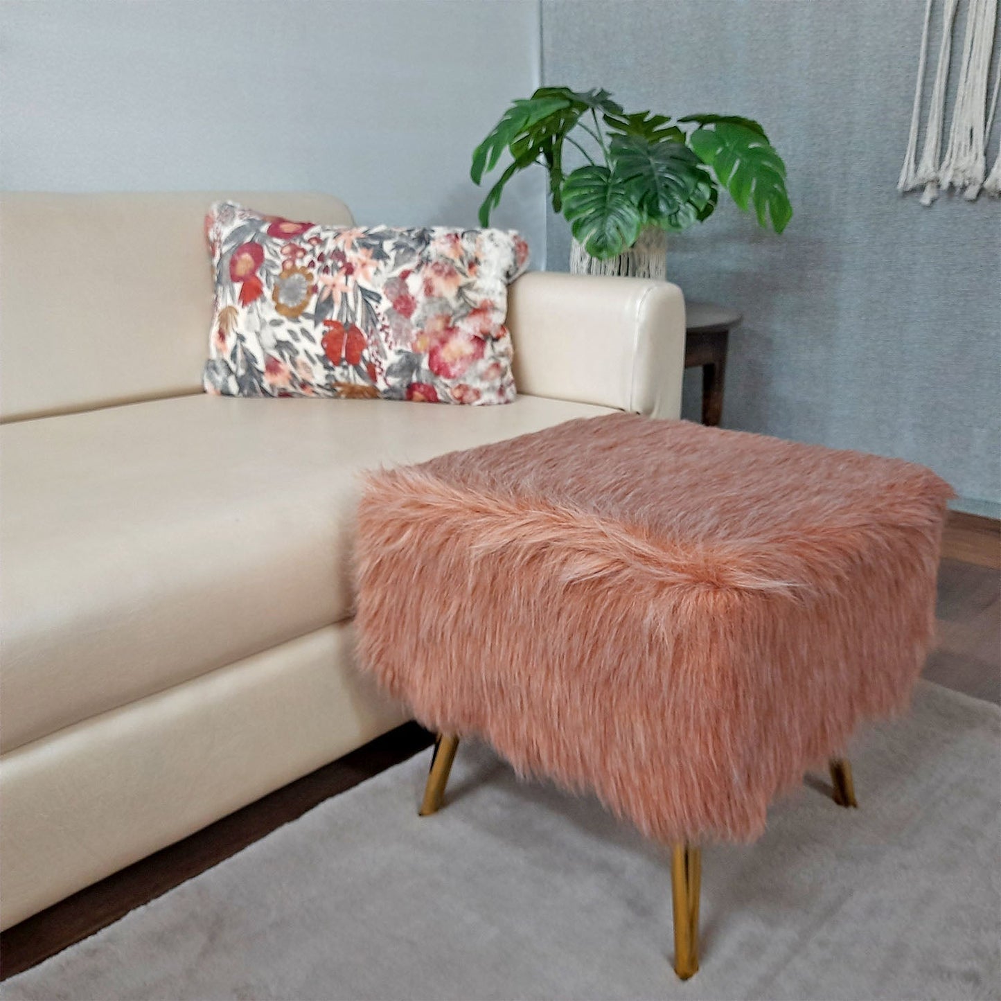 Noviato Collection – Light Redwood Premium Double Shade Faux Fur Footstool Gold Metal Legs Modern On-Trend Style Square Multi-Functional Ottoman Stool Seat, 40cm x 40cm x 40 cm | from Avioni