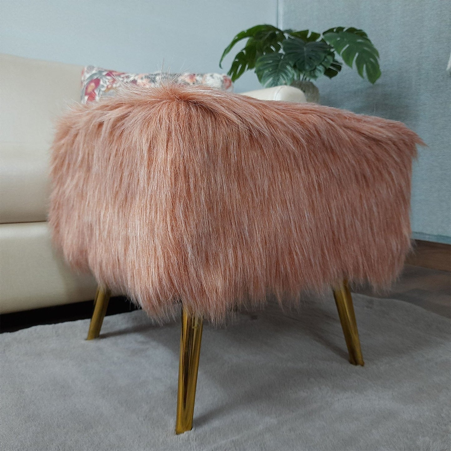 Noviato Collection – Light Redwood Premium Double Shade Faux Fur Footstool Gold Metal Legs Modern On-Trend Style Square Multi-Functional Ottoman Stool Seat, 40cm x 40cm x 40 cm | from Avioni