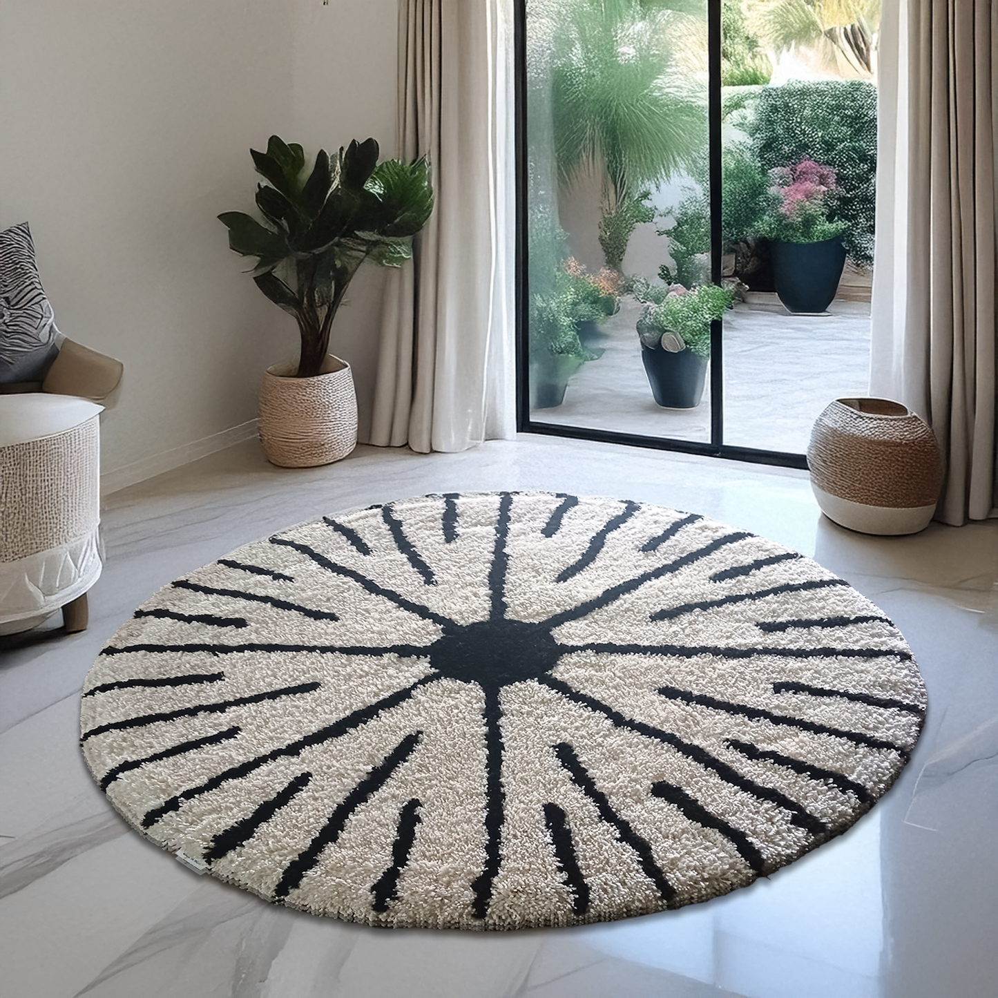 Avioni Home Atlas Collection - Moroccan Style Microfiber Round Carpet In White & Black| Soft, Non-Slip, Easy to Clean