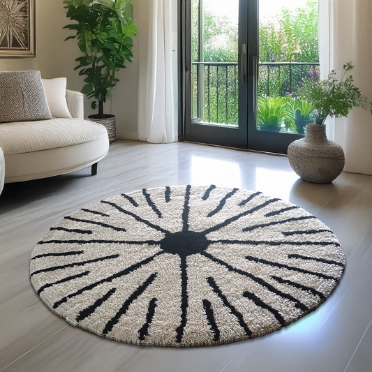 Avioni Home Atlas Collection - Moroccan Style Microfiber Round Carpet In White & Black| Soft, Non-Slip, Easy to Clean