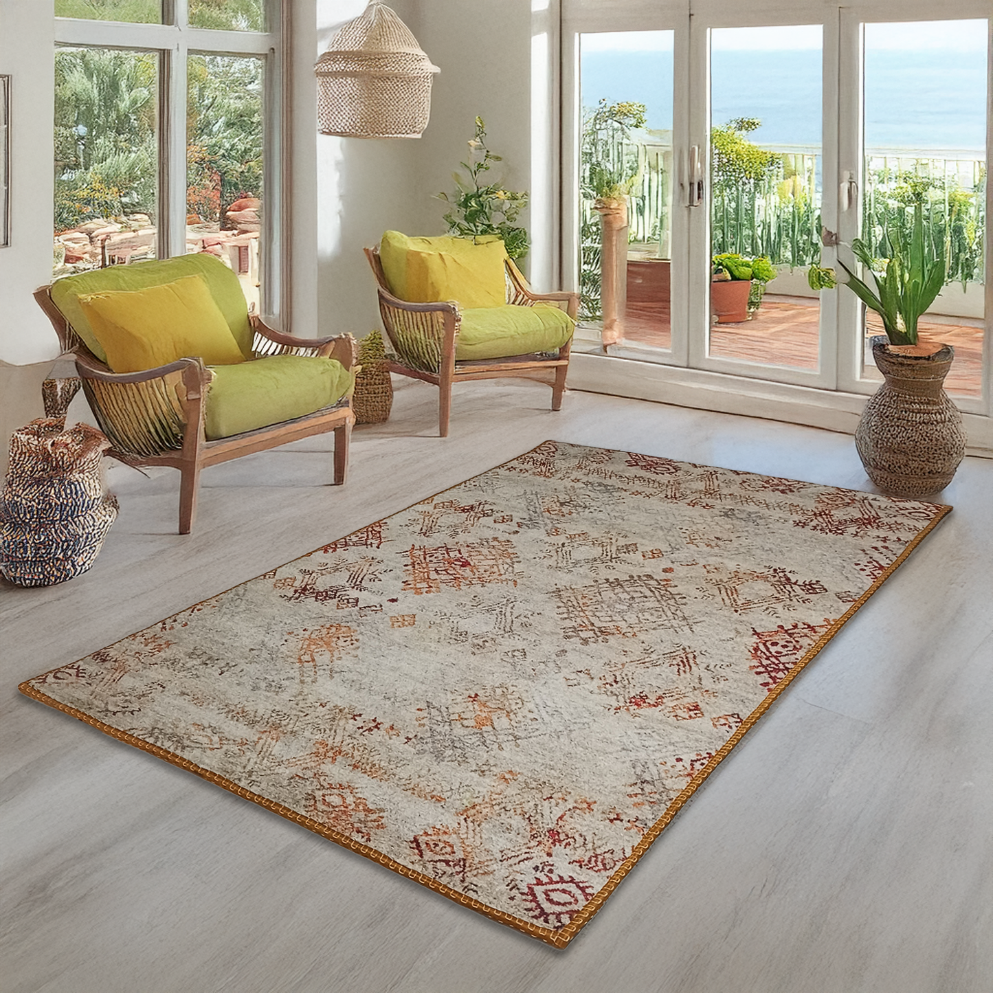 Avioni Faux Silk Carpet | Tribal Elements, Luxurious, Durable and Washable | Earthy Elegance Collection
