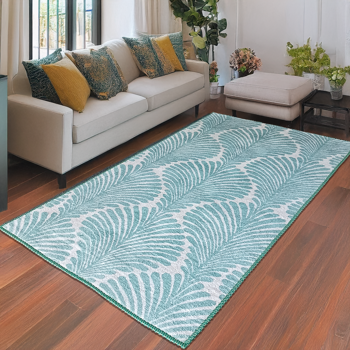 Avioni’s Faux Silk Rug for a Chic and Elegant Living Room | Calming Green Collection
