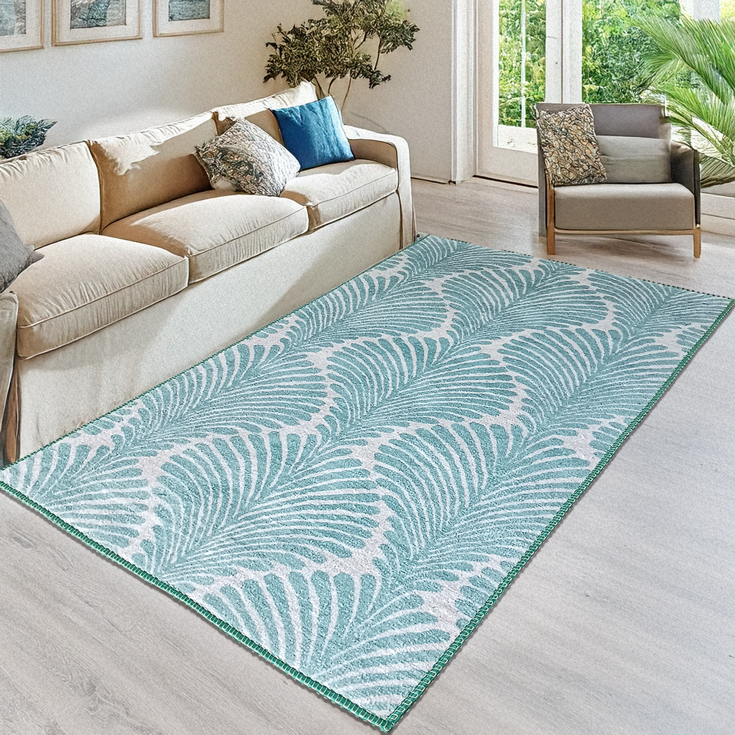 Avioni’s Faux Silk Rug for a Chic and Elegant Living Room | Calming Green Collection