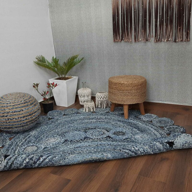 Avioni Home Contemporary Collection -Handmade Jeans With Jute Round With Tikki Floral Look -Multiple Designs