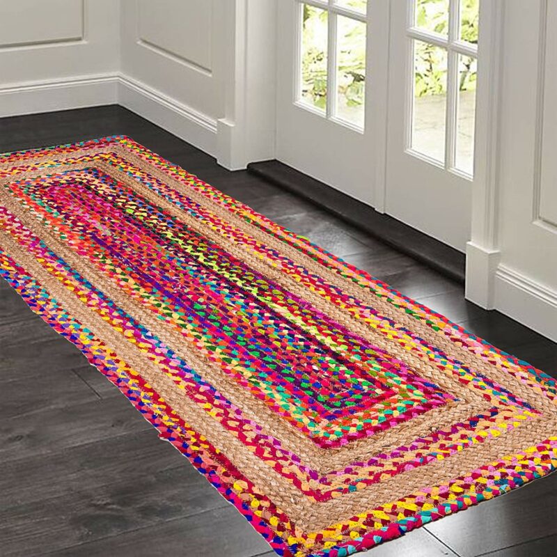 Braided Rug in Ecofriendly Recycled Cotton Chindi and Jute – Colorful Contemporary Design – Perfect for Hallway or Bedside – 55cm x 137cm (~22″ x 55″) – Avioni