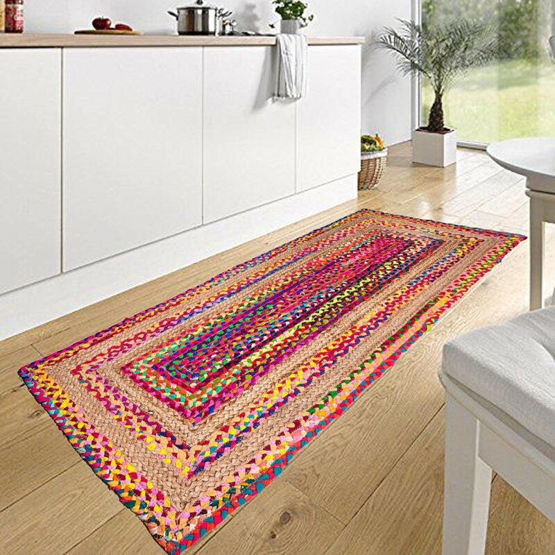 Braided Rug in Ecofriendly Recycled Cotton Chindi and Jute – Colorful Contemporary Design – Perfect for Hallway or Bedside – 55cm x 137cm (~22″ x 55″) – Avioni