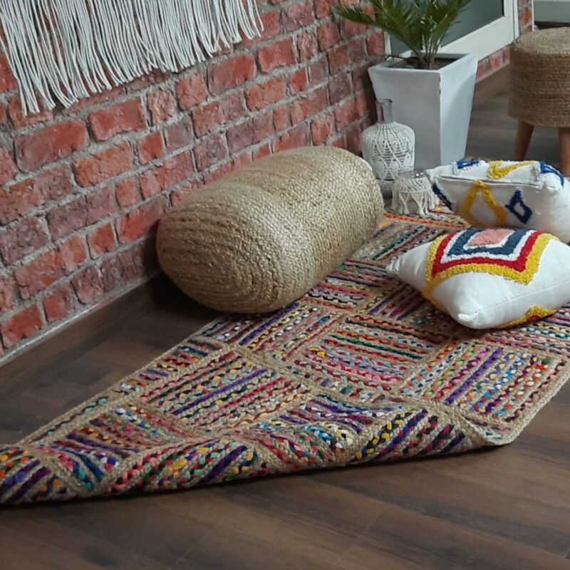 Avioni Home Contemporary Collection| Eco-friendly Recycled Chindi And Jute & Jute Handmade Braided Area Rug | Multiple Square Design | Multiple Sizes