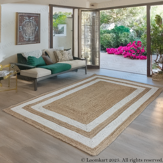 Jute (Natural and Bleached Jute) Handmade Braided Rugs | Natural & White Double Border Jute Area Rug | Avioni- Premium Collection