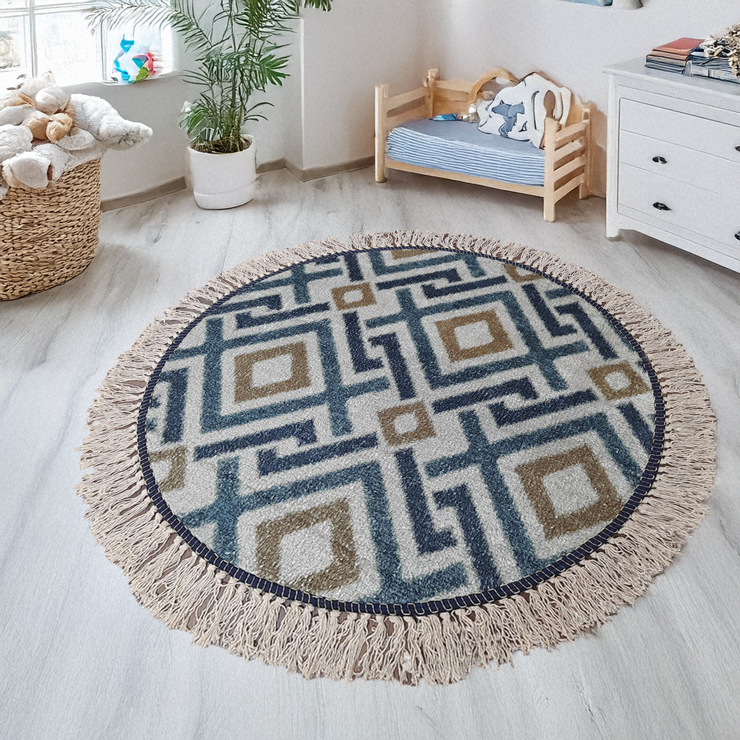 Avioni Kids Faux Silk Carpet – Contemporary Round Rug – Geometric Blue Copper Pattern
