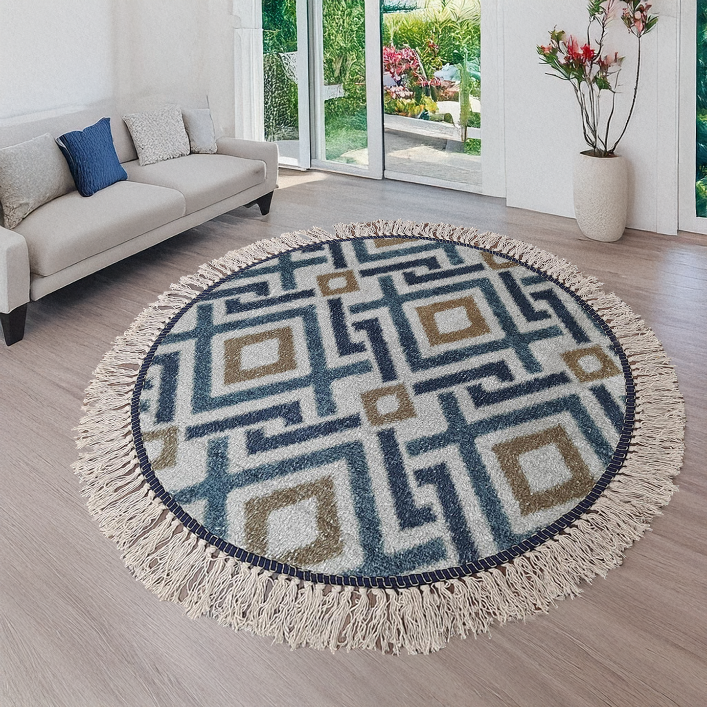 Avioni Kids Faux Silk Carpet – Contemporary Round Rug – Geometric Blue Copper Pattern
