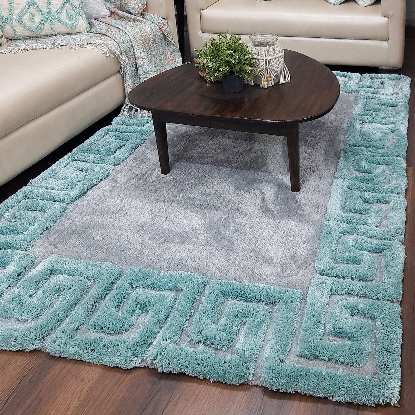 Avioni Atlas Collection- Micro Grey with 3D Aqua Designer Border -Different Sizes Shaggy Fluffy Rugs and Carpet for Living Room