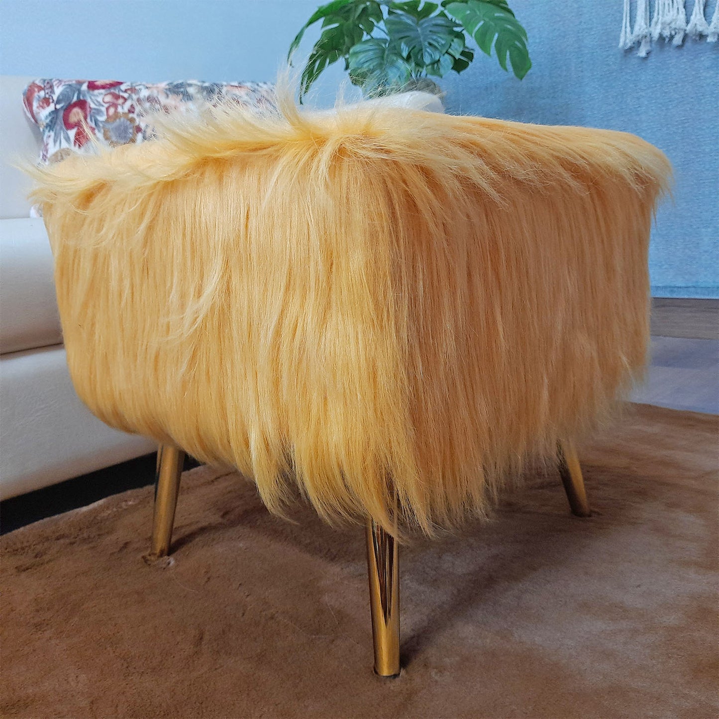 Noviato Collection – Amber Premium Long Faux Fur Footstool Gold Metal Legs Modern On-Trend Style Square Multi-Functional Ottoman Stool Seat, 40cm x 40cm x 40 cm | from Avioni