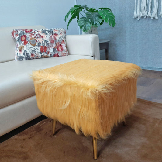 Noviato Collection – Amber Premium Long Faux Fur Footstool Gold Metal Legs Modern On-Trend Style Square Multi-Functional Ottoman Stool Seat, 40cm x 40cm x 40 cm | from Avioni