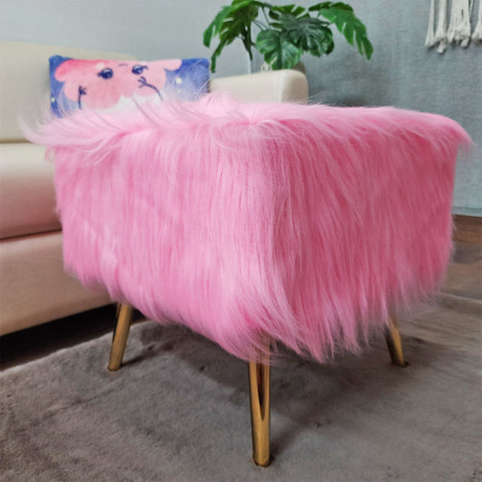 Noviato Collection – Pink Premium Long Faux Fur Footstool Gold Metal Legs Modern On-Trend Style Square Multi-Functional Ottoman Stool Seat, 40cm x 40cm x 40 cm | from Avioni