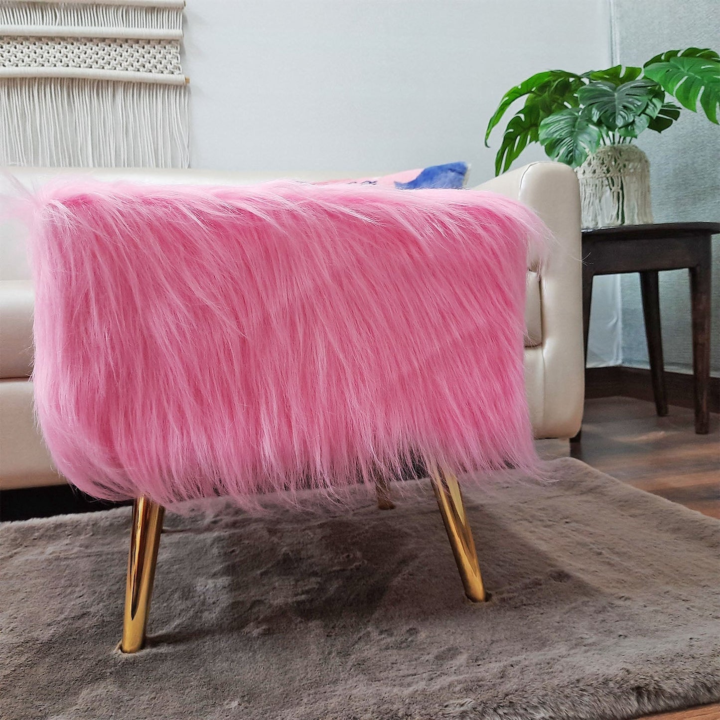 Noviato Collection – Pink Premium Long Faux Fur Footstool Gold Metal Legs Modern On-Trend Style Square Multi-Functional Ottoman Stool Seat, 40cm x 40cm x 40 cm | from Avioni