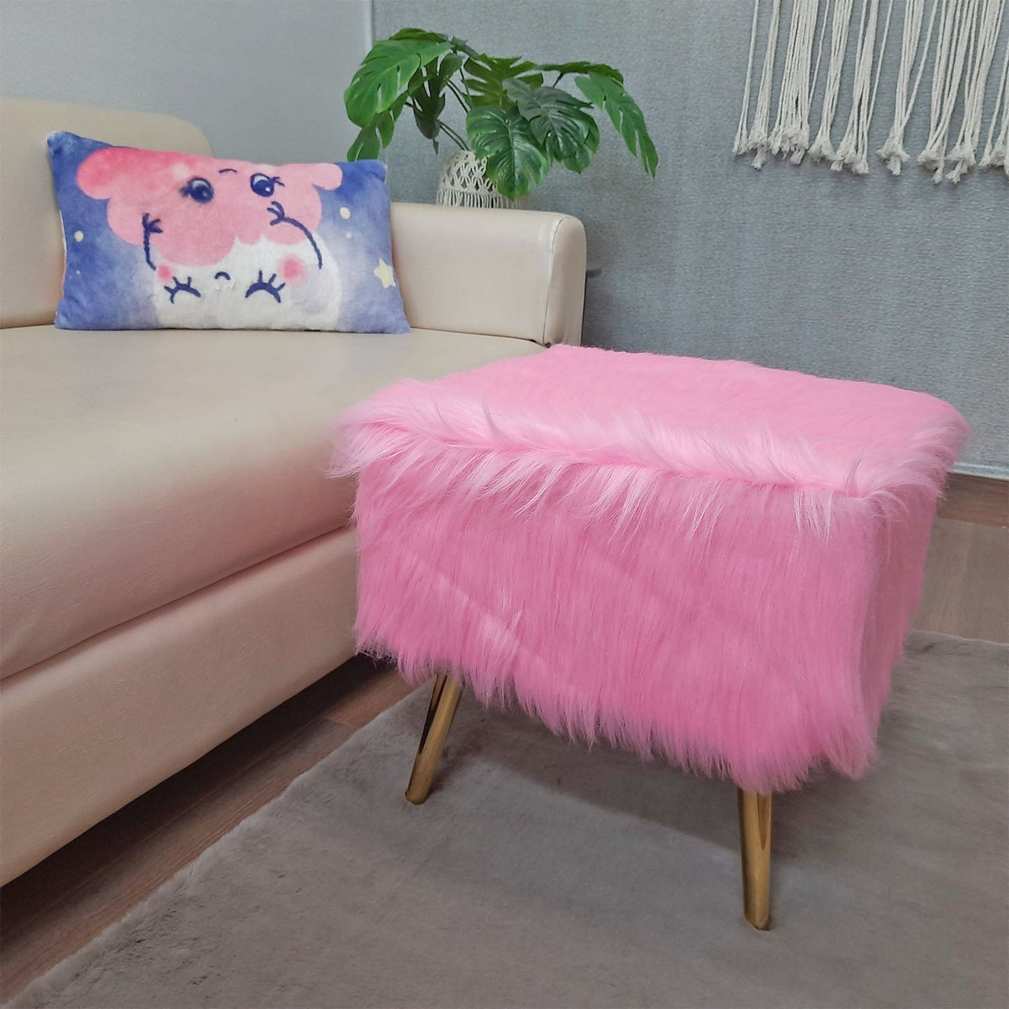 Noviato Collection – Pink Premium Long Faux Fur Footstool Gold Metal Legs Modern On-Trend Style Square Multi-Functional Ottoman Stool Seat, 40cm x 40cm x 40 cm | from Avioni