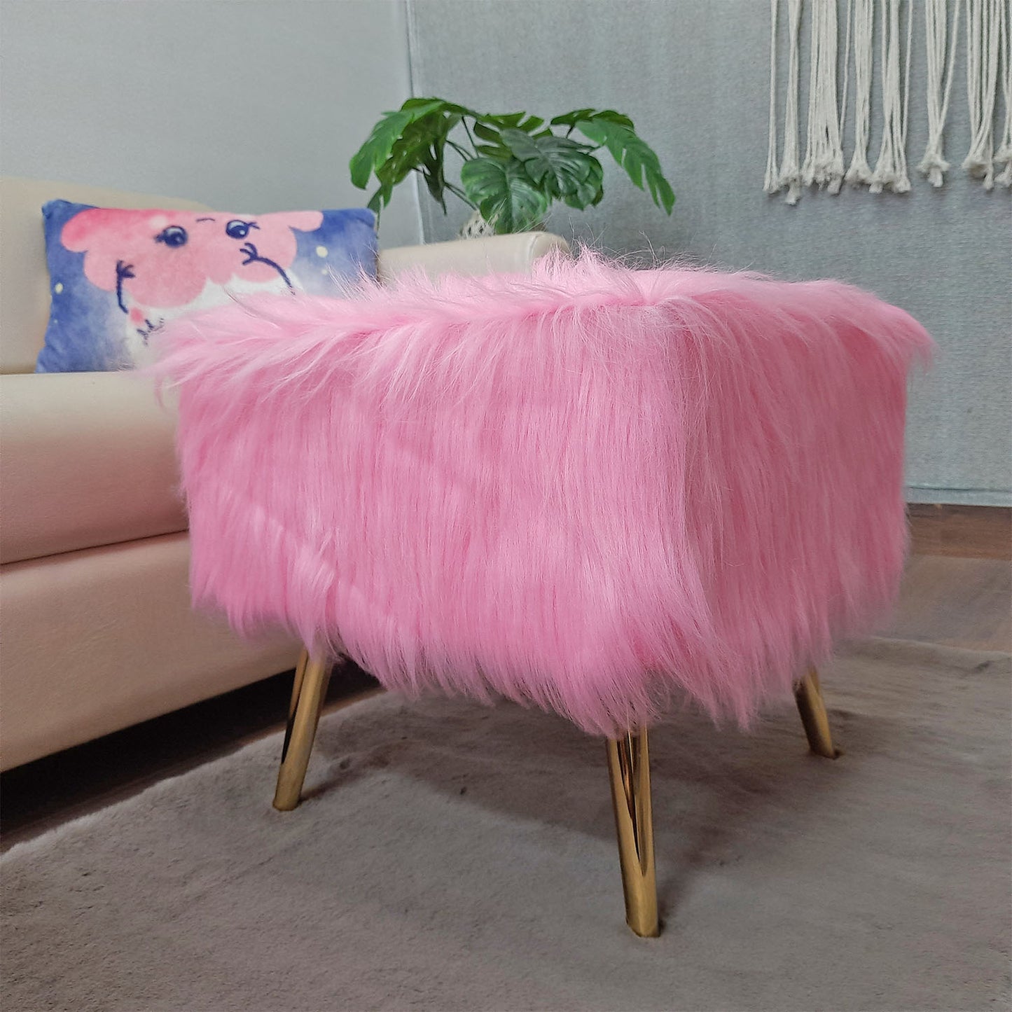 Noviato Collection – Pink Premium Long Faux Fur Footstool Gold Metal Legs Modern On-Trend Style Square Multi-Functional Ottoman Stool Seat, 40cm x 40cm x 40 cm | from Avioni