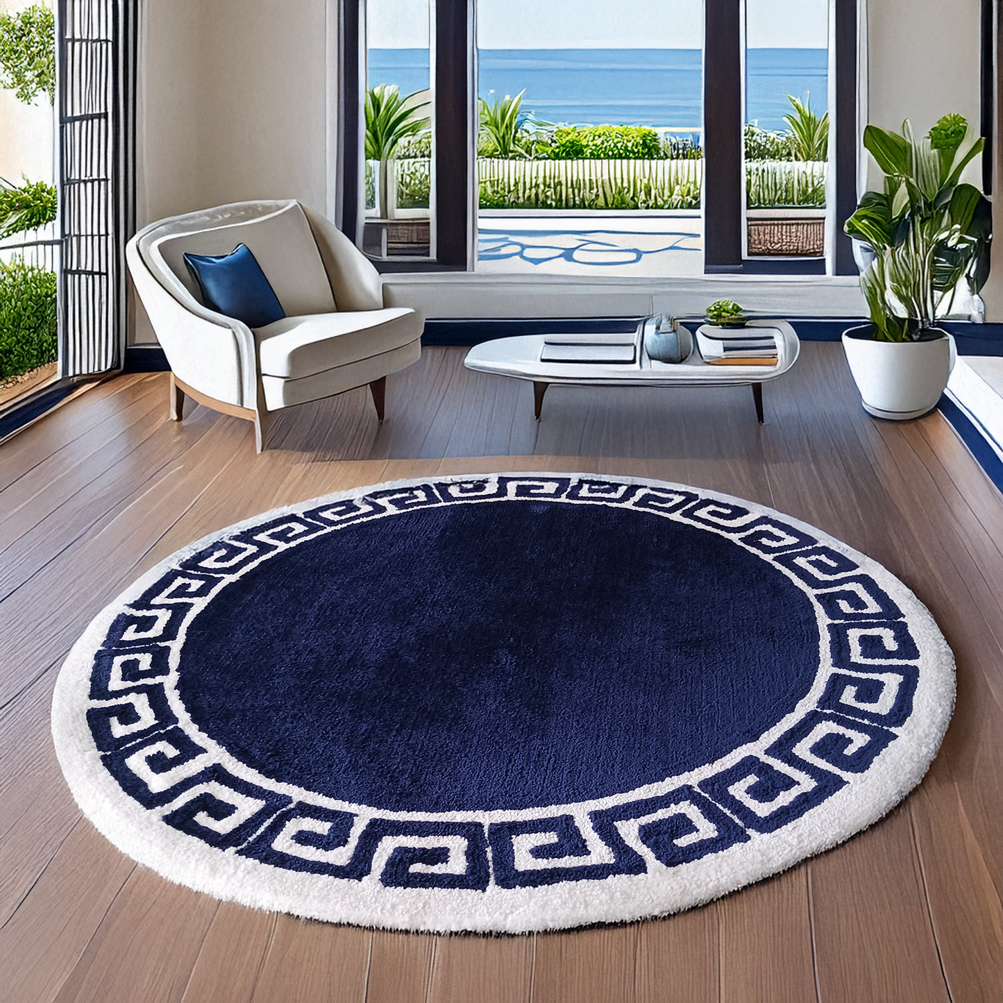 Avioni Home Atlas Collection - Greek Style Microfiber Round Carpet In Navy Blue & White| Soft, Non-Slip, Easy to Clean