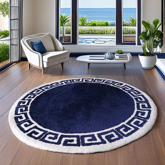 Avioni Home Atlas Collection - Greek Style Microfiber Round Carpet In Navy Blue & White| Soft, Non-Slip, Easy to Clean