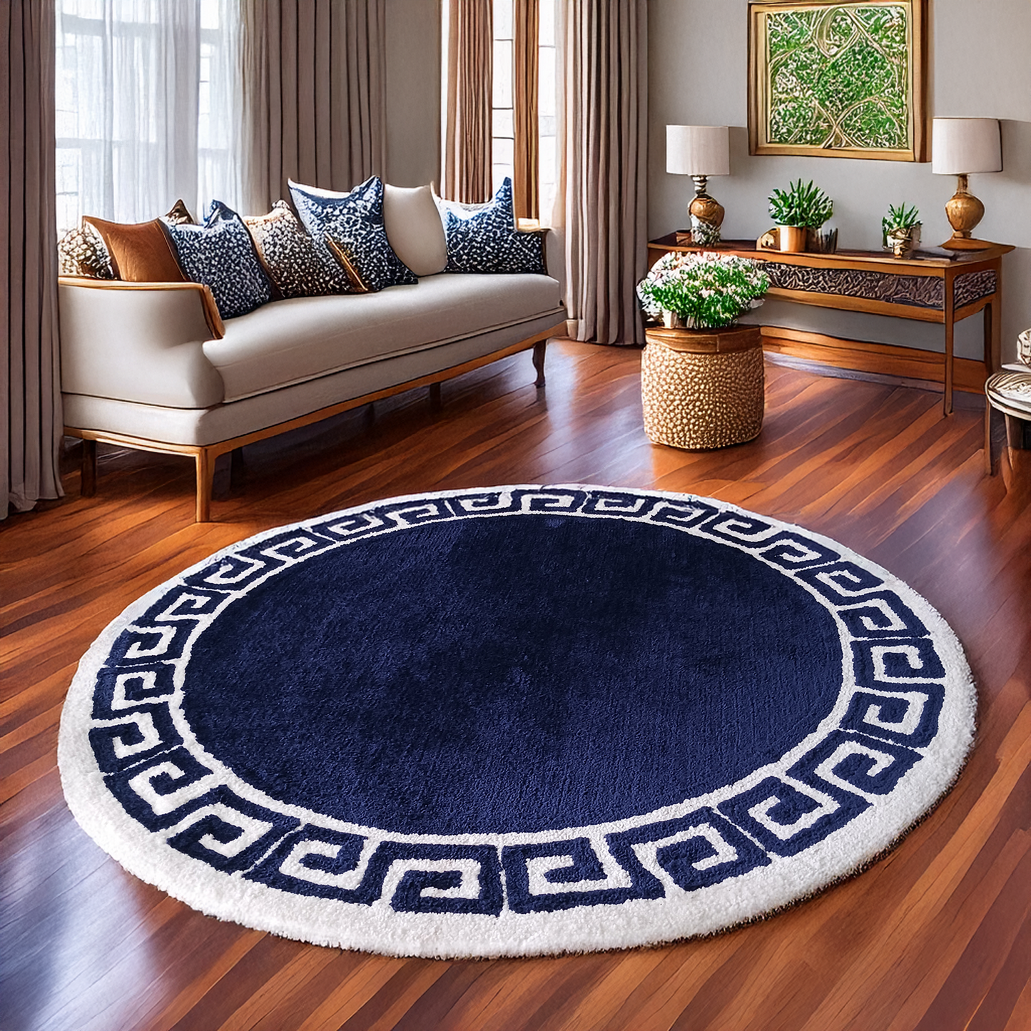 Avioni Home Atlas Collection - Greek Style Microfiber Round Carpet In Navy Blue & White| Soft, Non-Slip, Easy to Clean