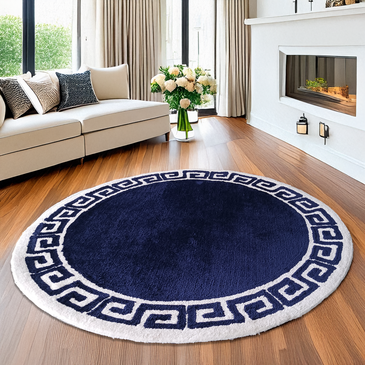 Avioni Home Atlas Collection - Greek Style Microfiber Round Carpet In Navy Blue & White| Soft, Non-Slip, Easy to Clean