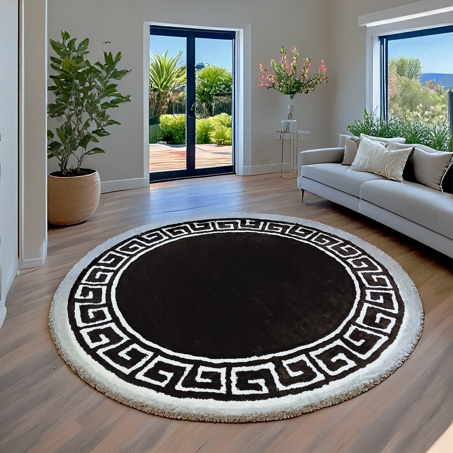 Avioni Home Atlas Collection - Greek Style Microfiber Round Carpet In Brown & White| Soft, Non-Slip, Easy to Clean